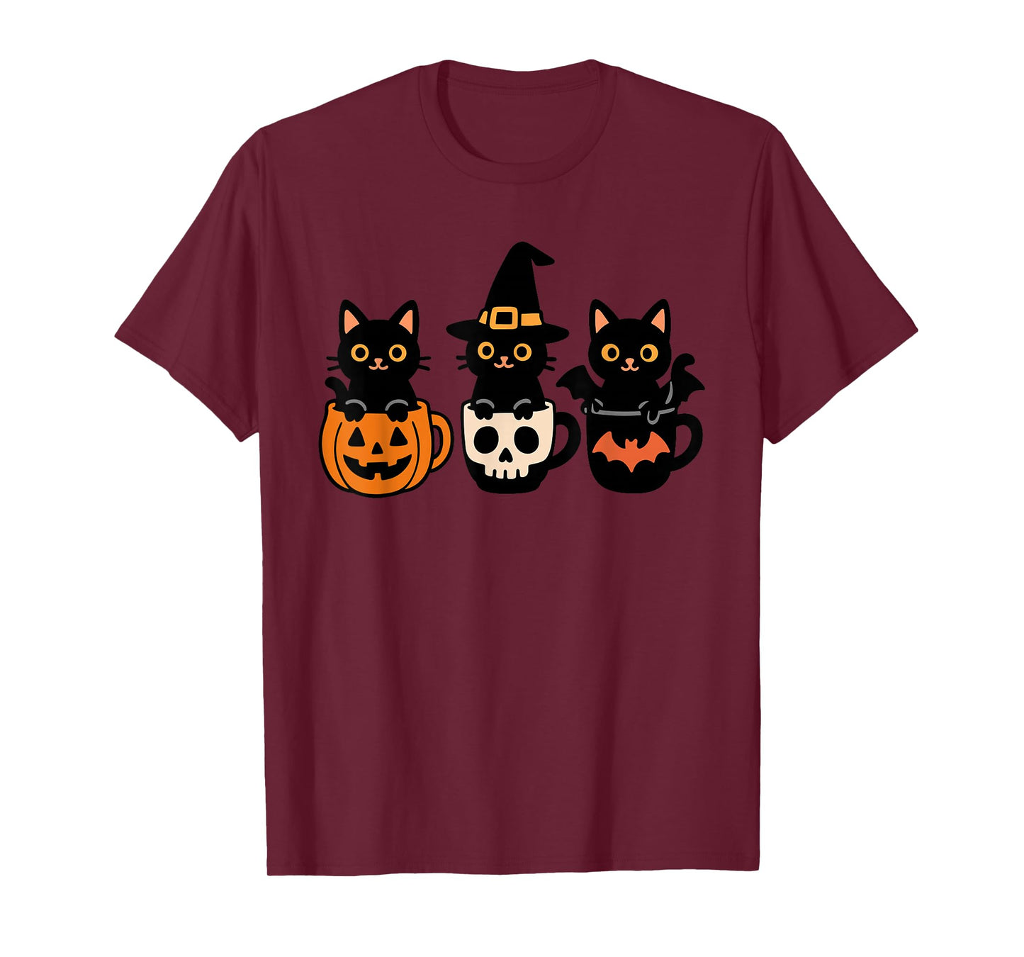 Halloween Cats in Mugs with Pumpkin Skull and Bat Cute Cat T-Shirt