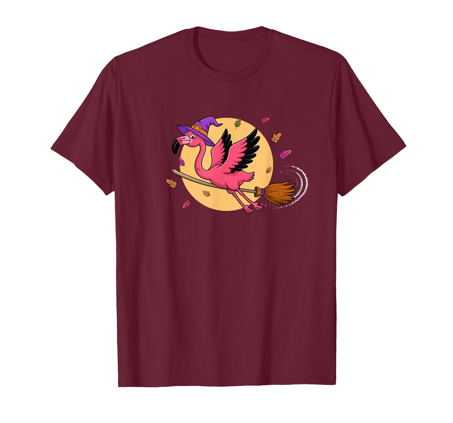 Funny Halloween Flamingo Witch Flying on Broom Costume T-Shirt