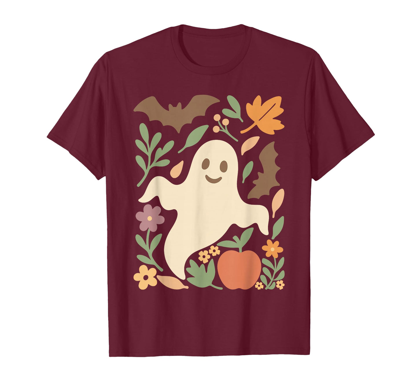 Cute Halloween Ghost All Leaves Bat Apple and Flowers Retro T-Shirt