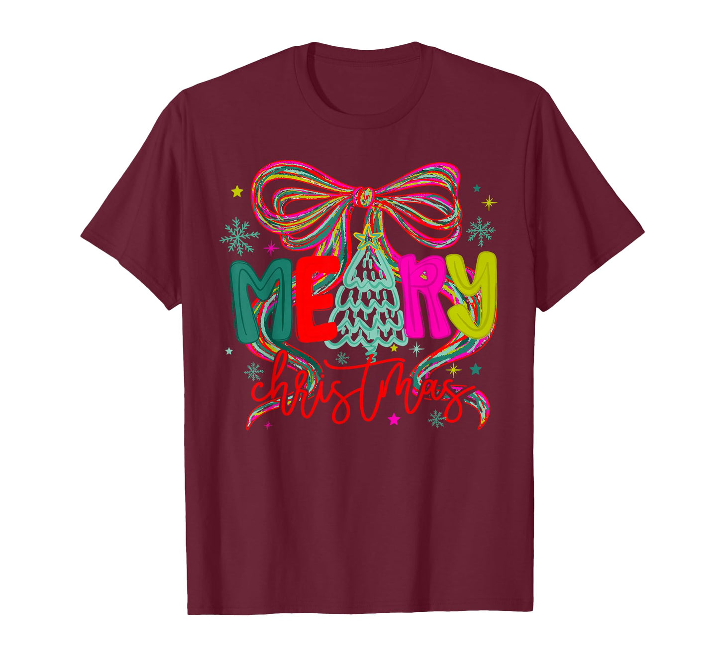 Coquette Bow Merry Christmas Xmas Tree Holiday Santa Squad T-Shirt