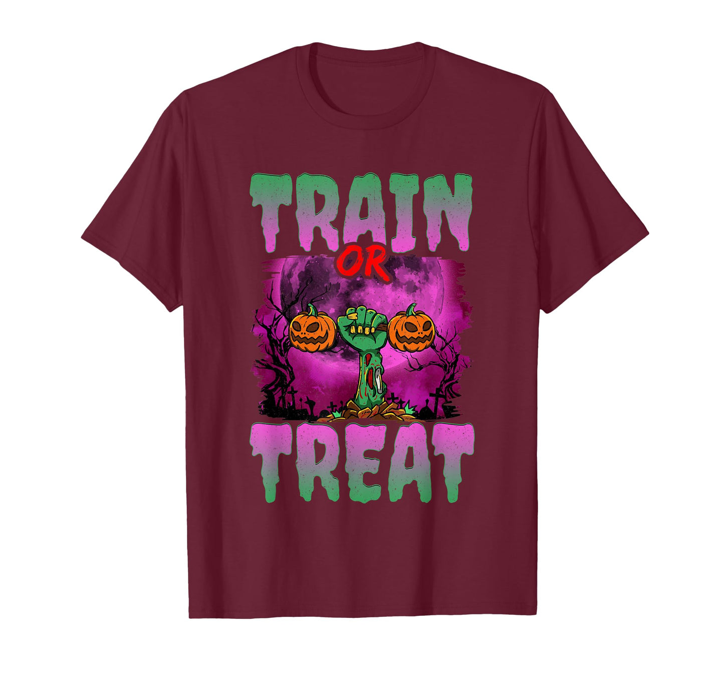 Train Or Treat Halloween Gym Weightlifting Zombie Fitness T-Shirt