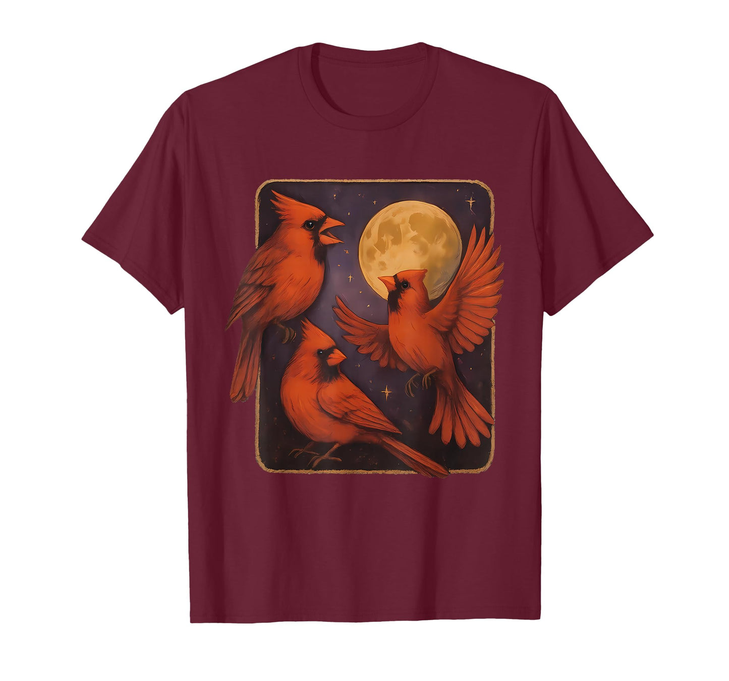 Vintage 3 Red Cardinal Bird Howling at The Moon Birdwatching T-Shirt