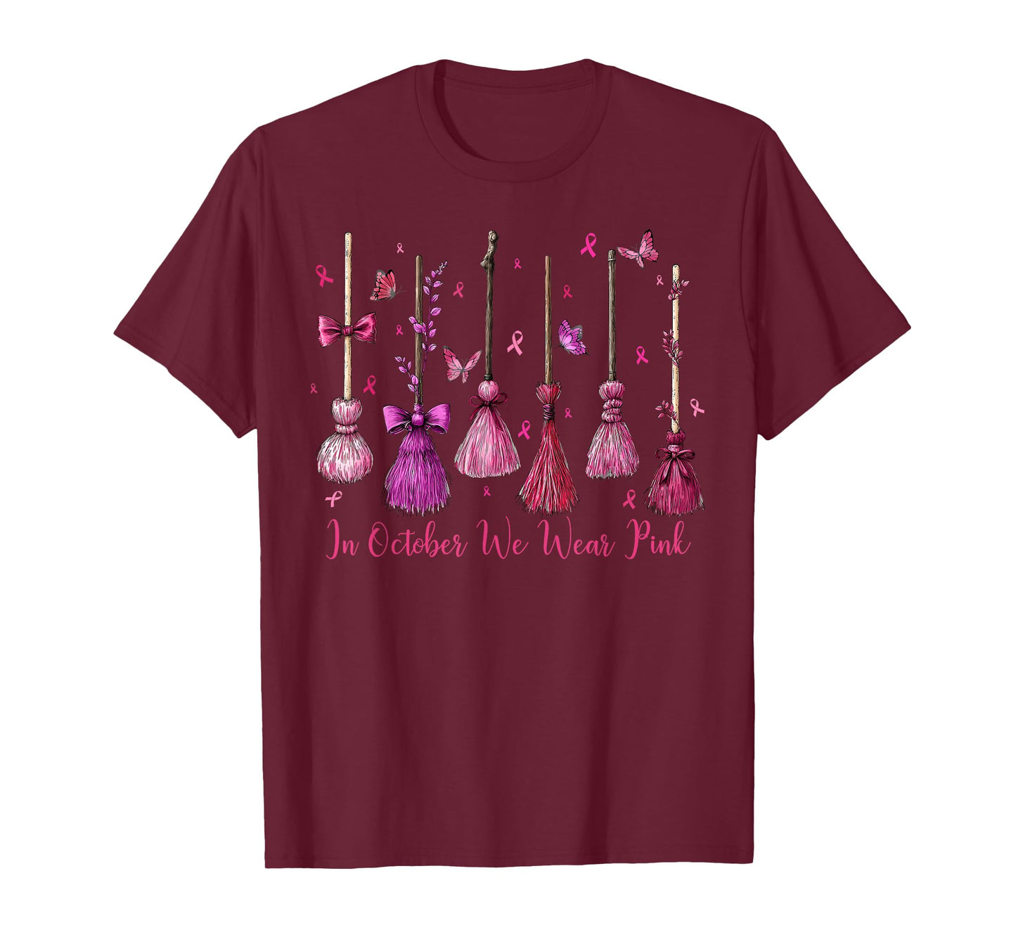 in October We Wear Pink Witch Broom Halloween Breast Cancer T-Shirt