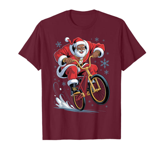 Afro Santa BMX African American Christmas Funny Holiday T-Shirt