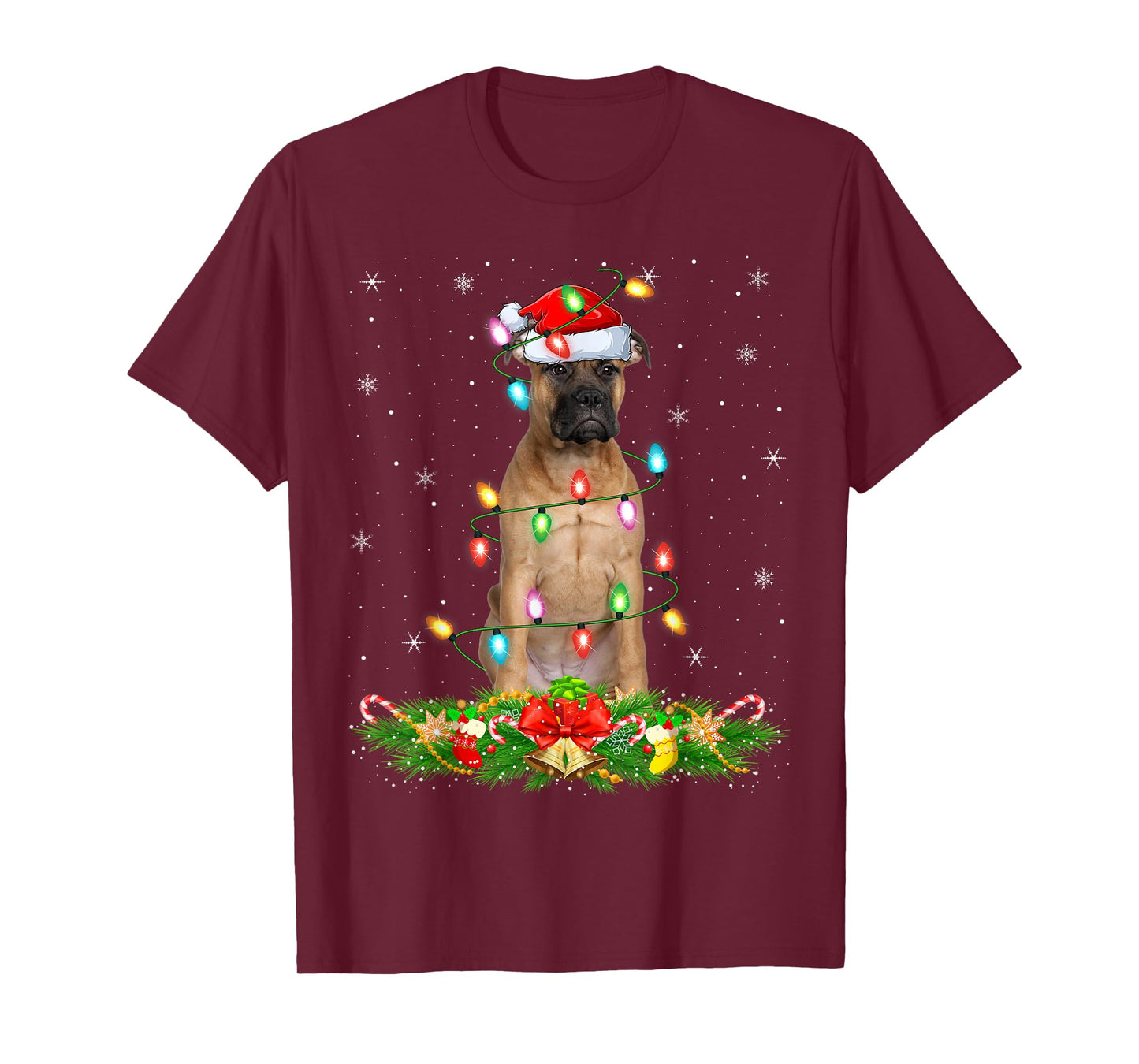 Bullmastiff Dog Christmas Lights Funny Santa Hat Xmas T-Shirt