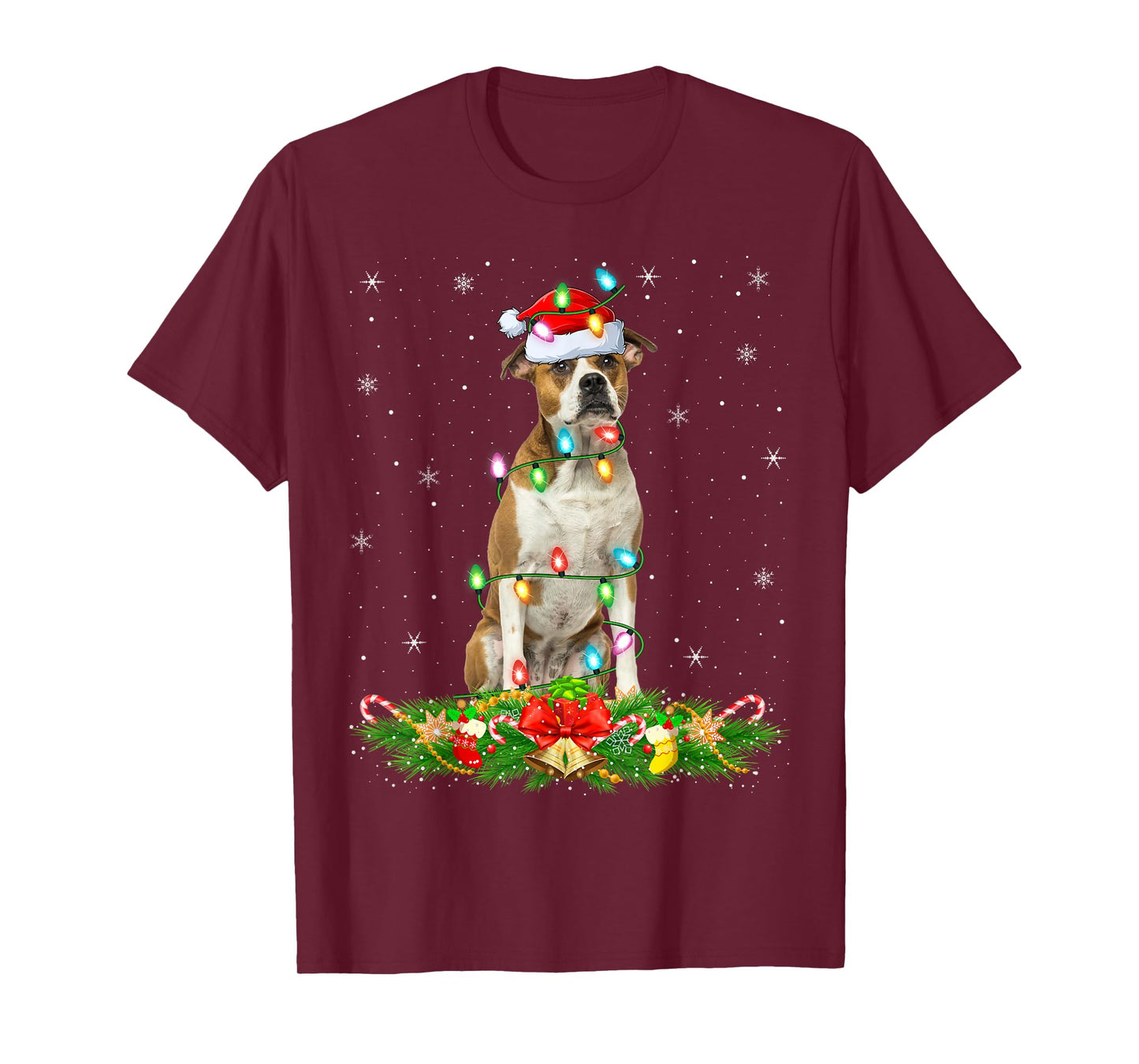 American Bulldog Christmas Lights Funny Santa Hat Xmas T-Shirt