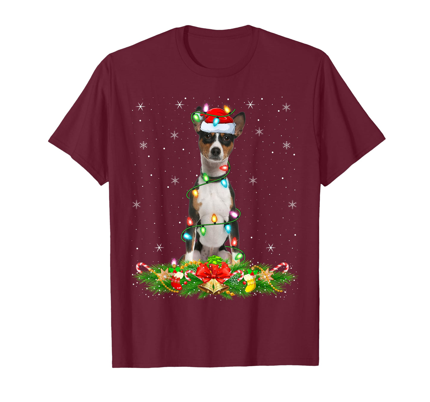 Basenji Dog Christmas Lights Funny Santa Hat Xmas T-Shirt