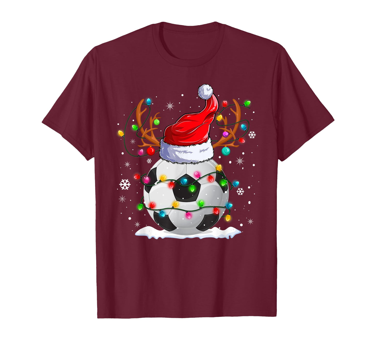 Soccer Santa Hat Reindeer Christmas Lights Funny Xmas T-Shirt