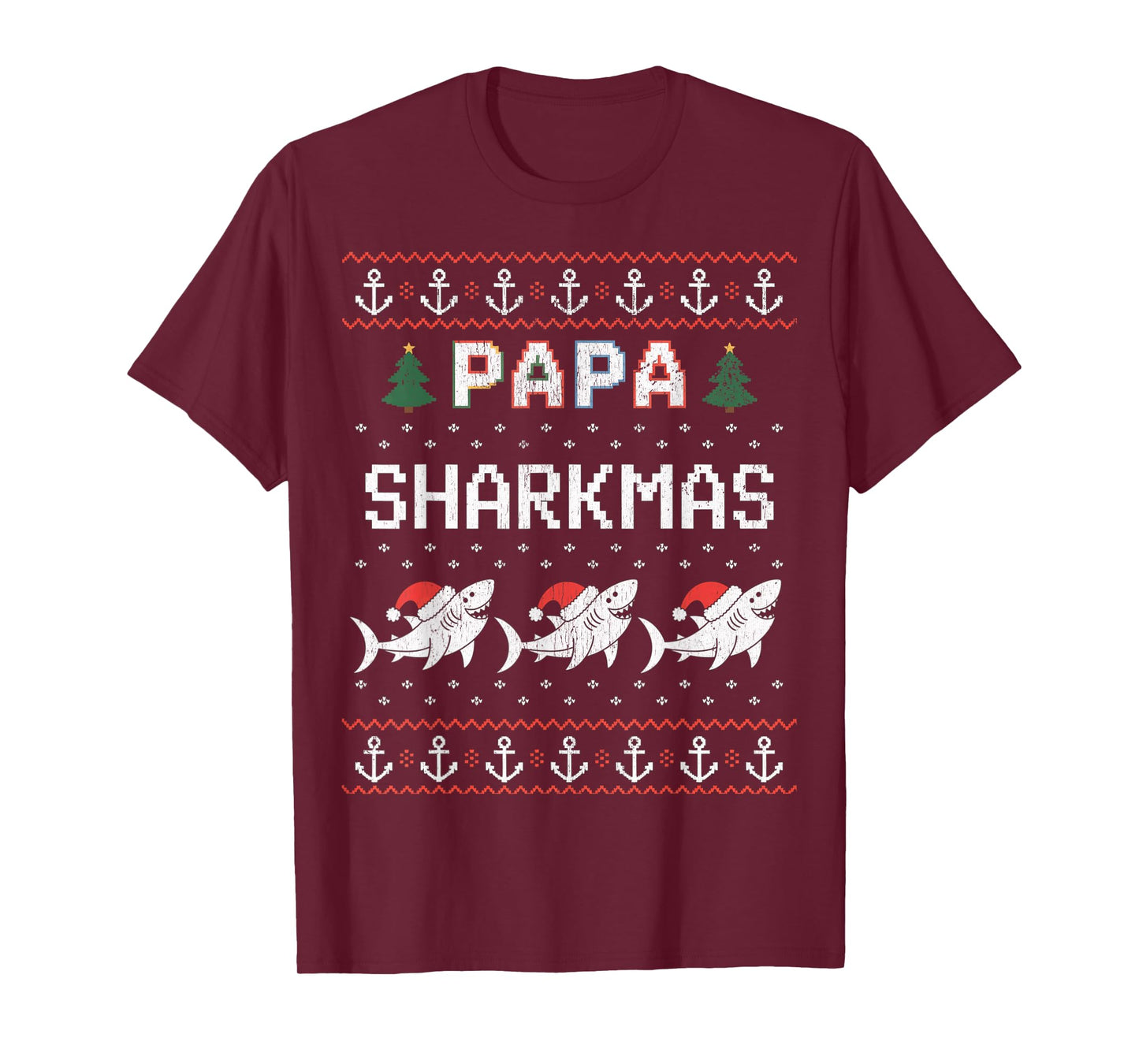 Papa Sharkmas Funny Shark Santa Hat Ugly Christmas Sweater T-Shirt