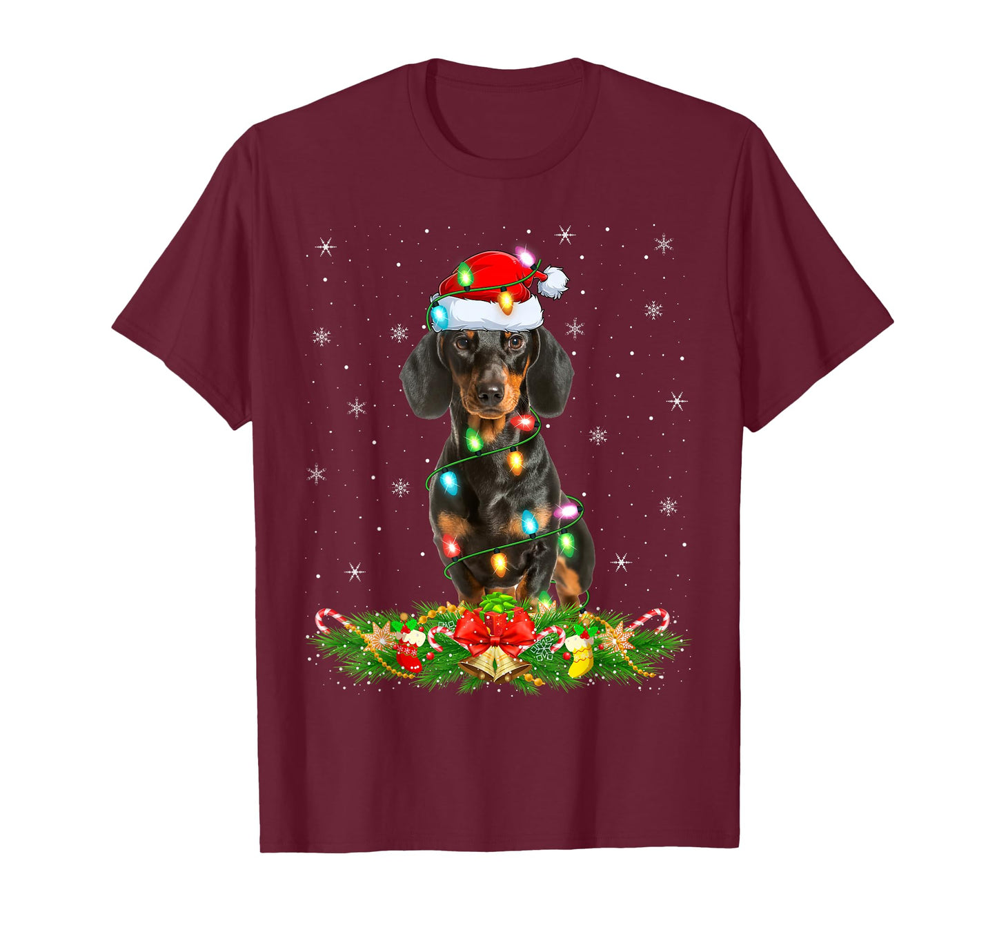Dachshund Dog Christmas Lights Funny Santa Hat Xmas T-Shirt