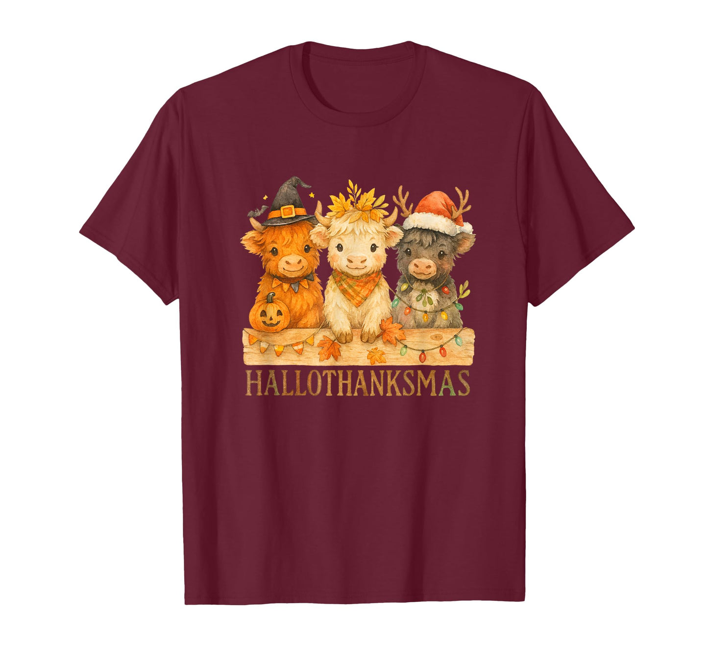Hallothanksmas Highland Cow Trio Halloween Thanksgiving T-Shirt