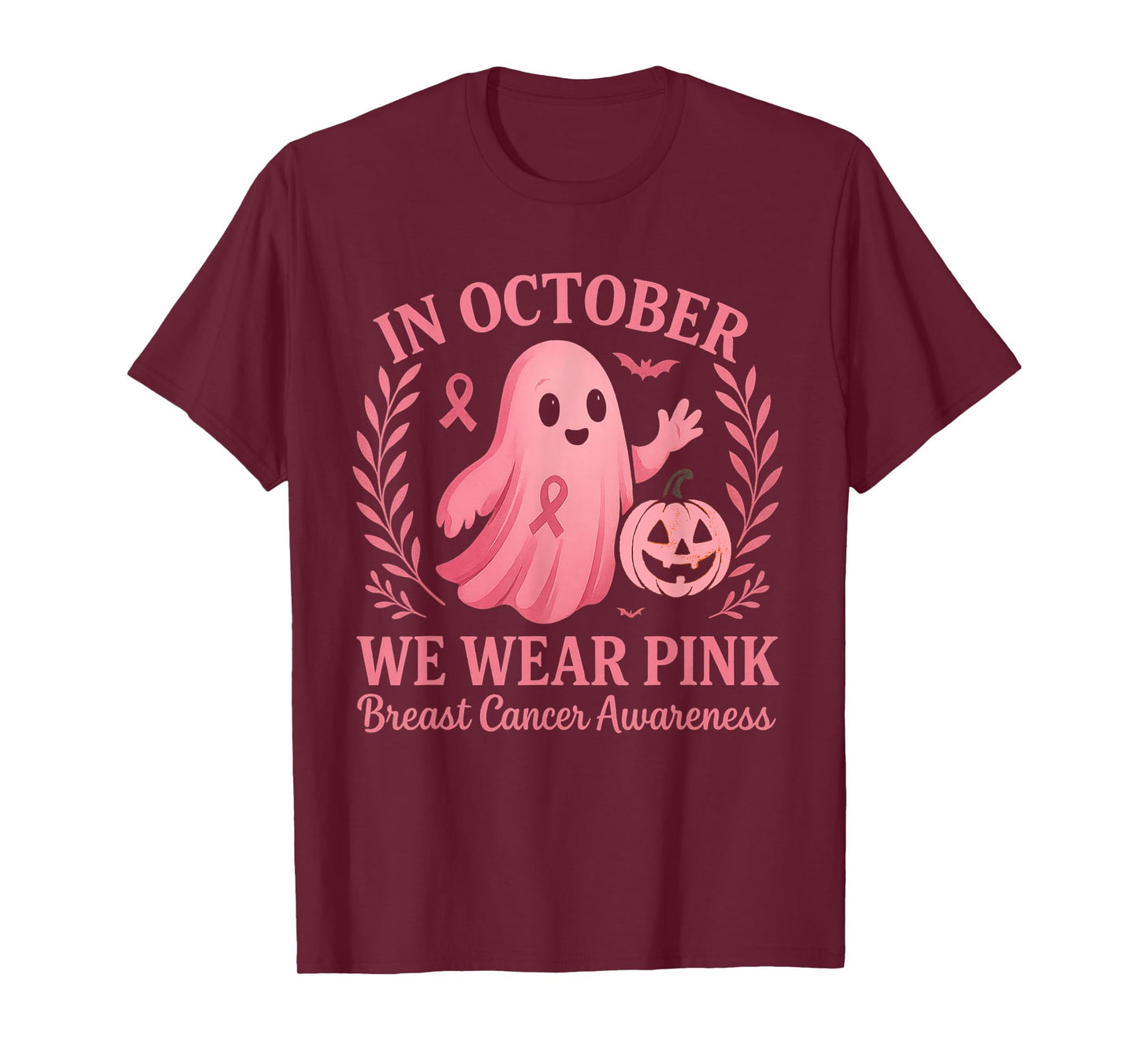 in October We Wear Pink Ghost Witch Breast Cancer Awareness T-Shirt
