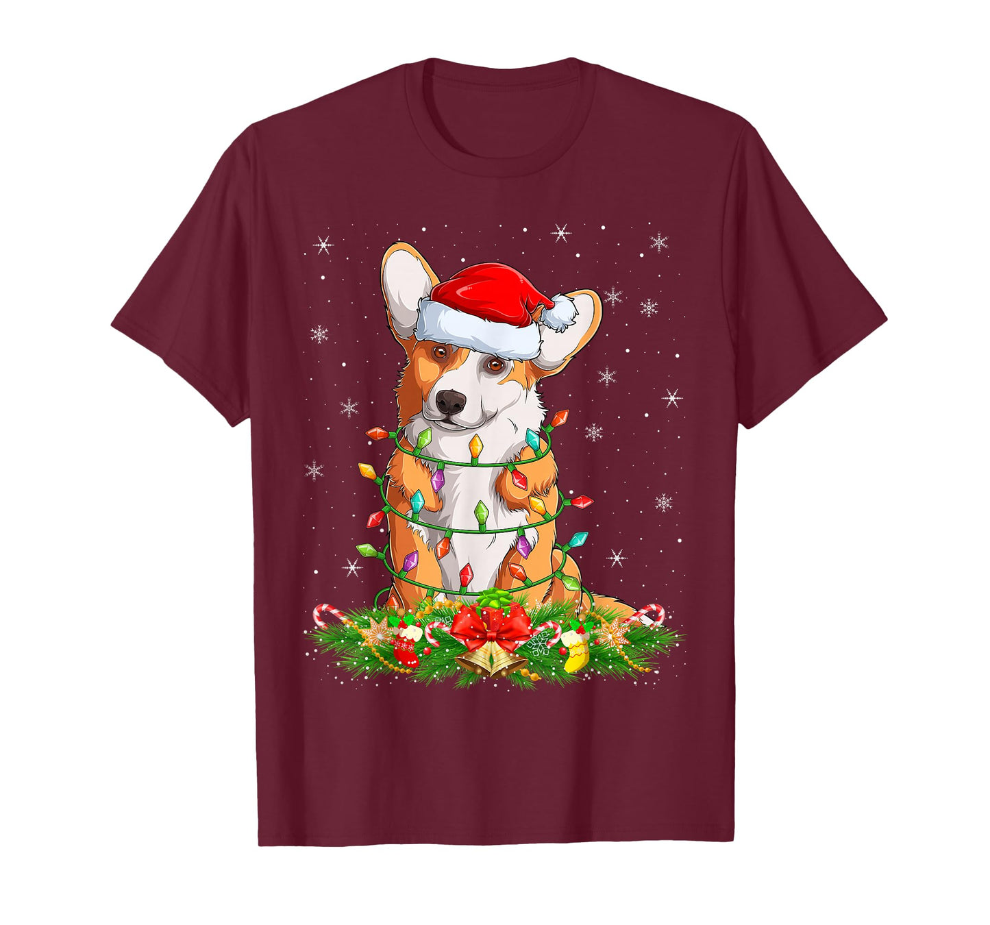 Corgi Dog Christmas Lights Funny Santa Hat Xmas T-Shirt
