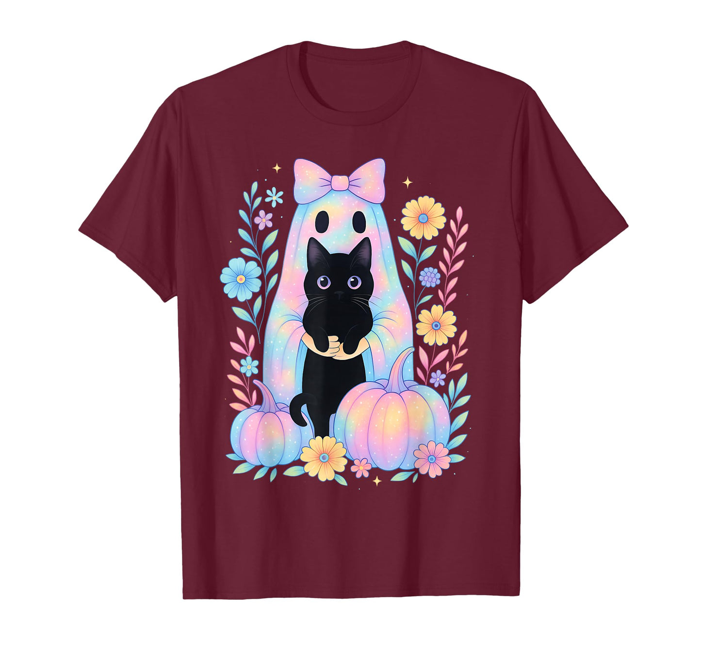 Pastel Galaxy Halloween Ghost Holding Black Cat Floral Girls T-Shirt