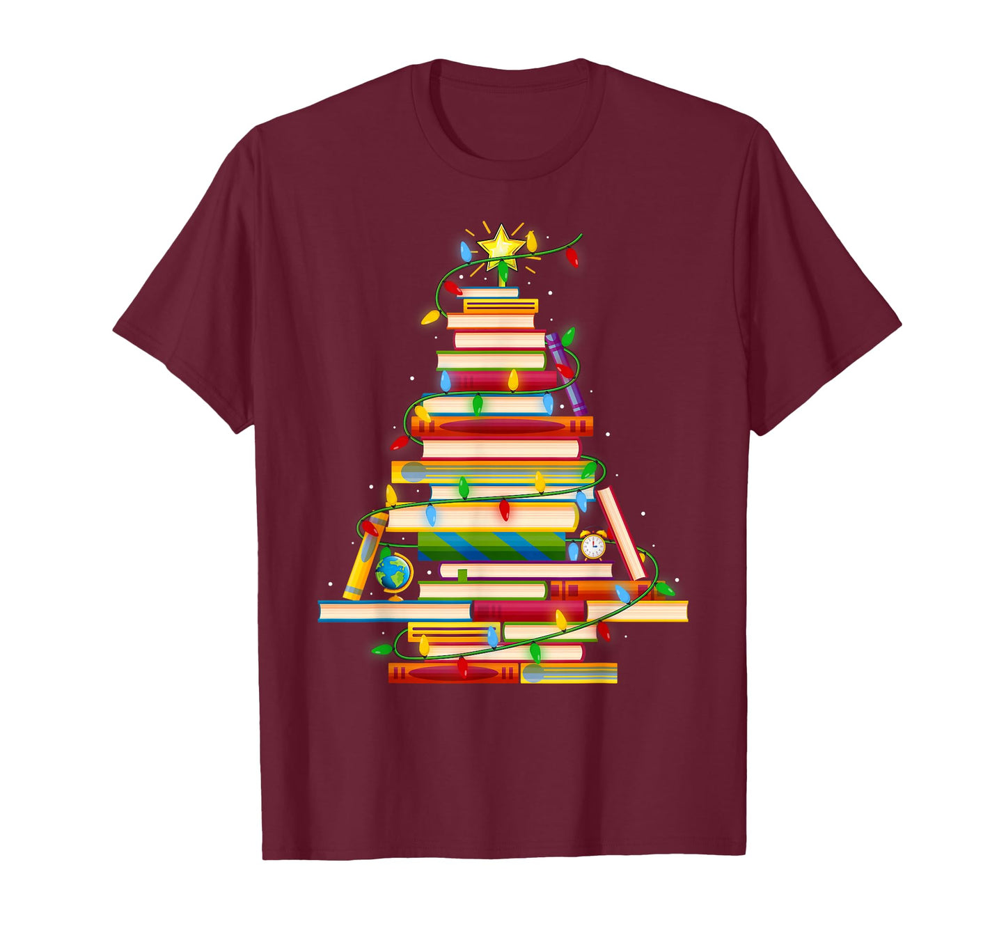 Book Christmas Tree Lights Book Lover Librarian Teacher Xmas T-Shirt