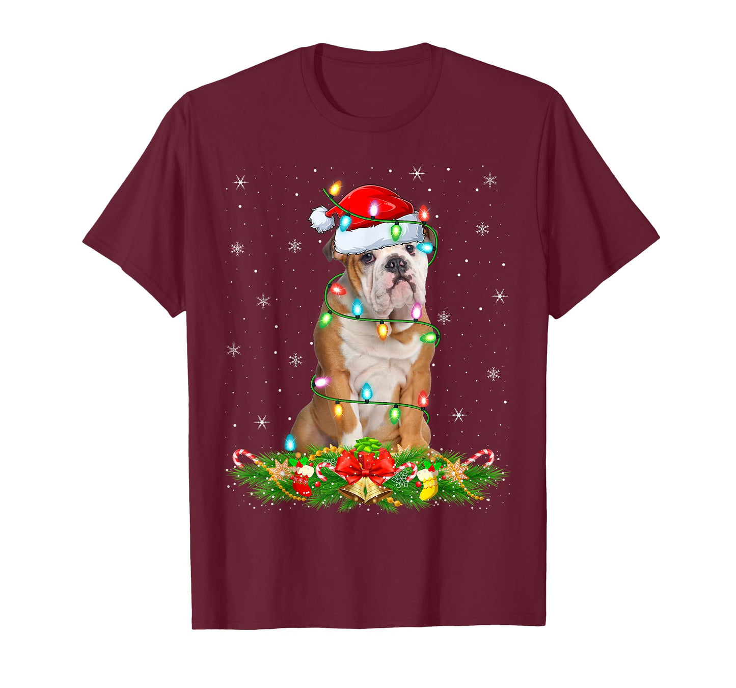 English Bulldog Christmas Lights Funny Santa Hat Xmas T-Shirt