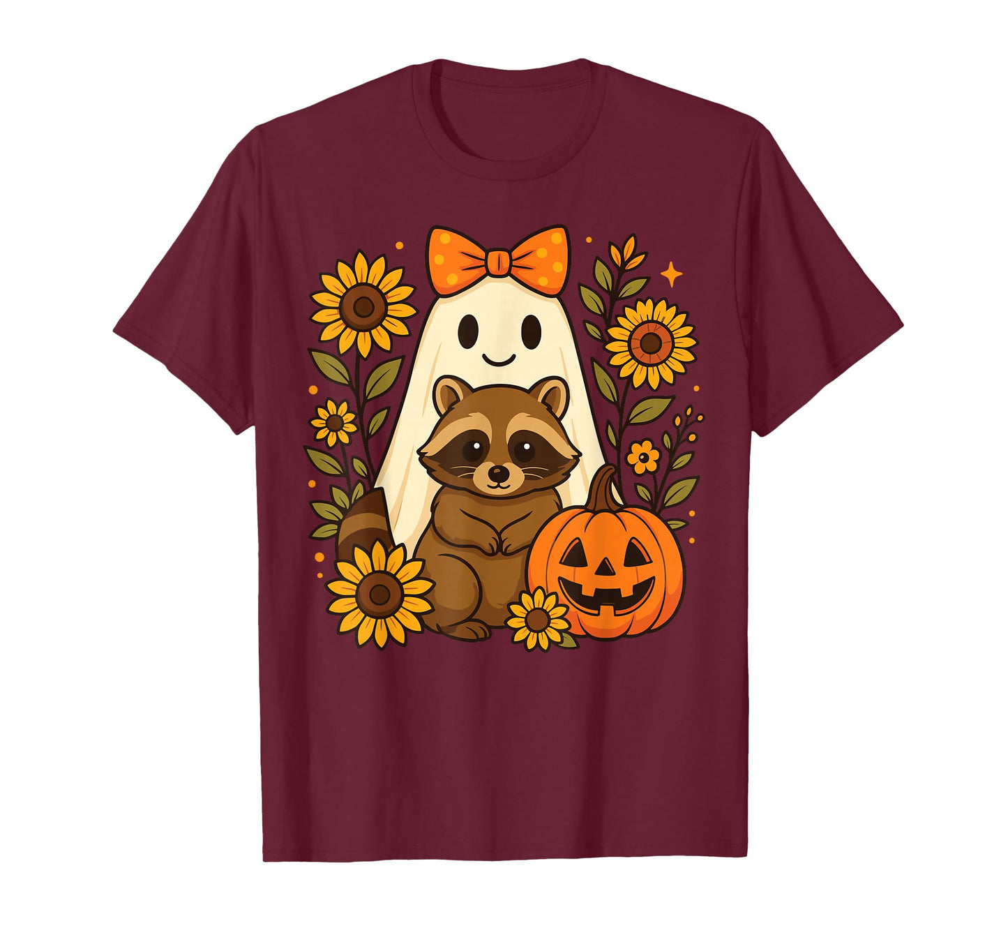 Vintage Halloween Ghost Holding Raccoon Groovy Floral Fall T-Shirt
