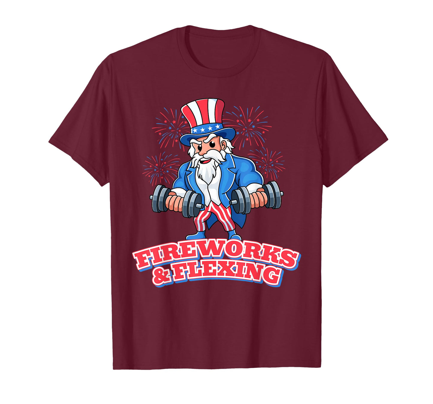 Fireworks & Flexing July 4th Gym Workout Lifting Pun Funny T-Shirt