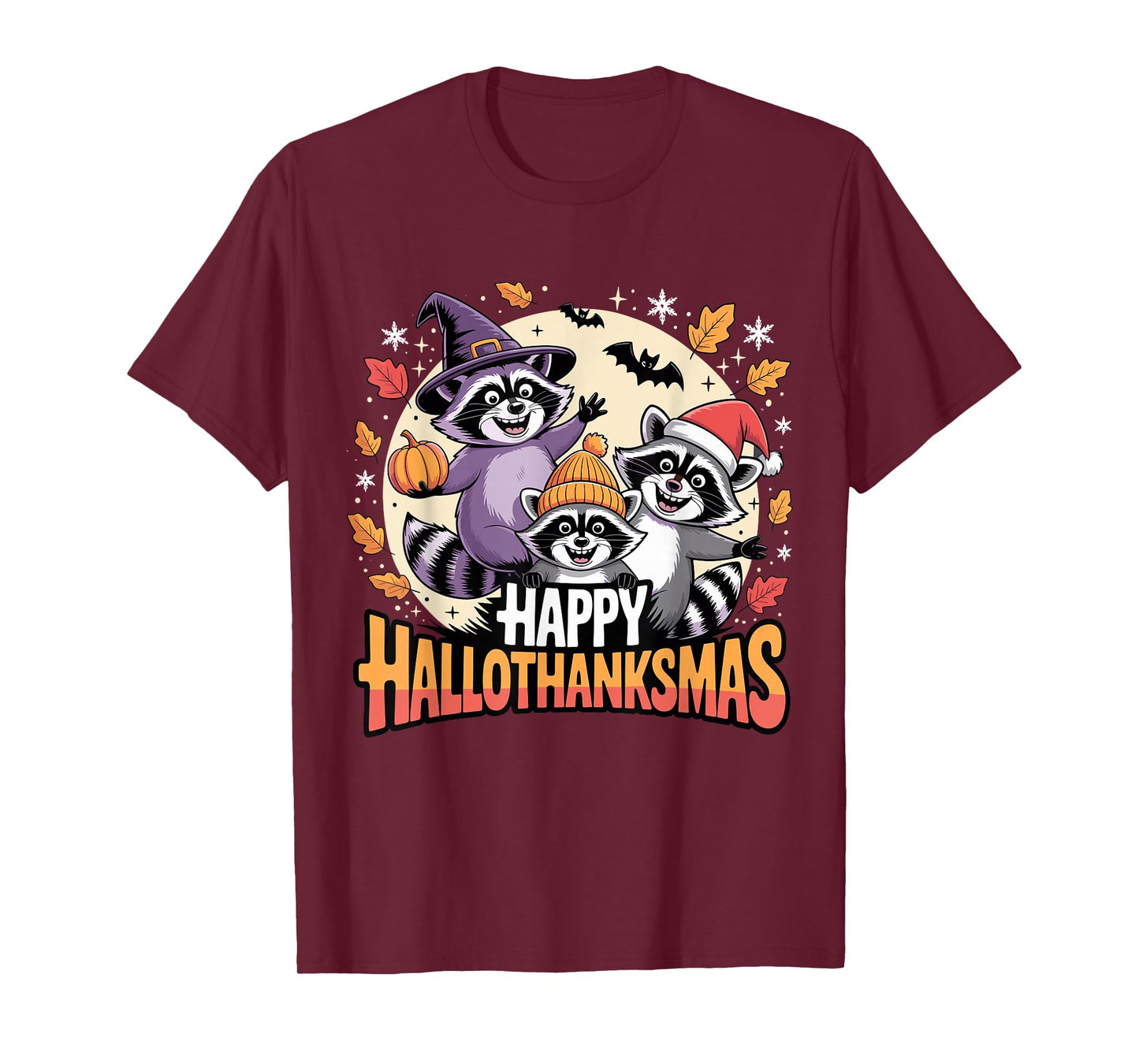 Happy Hallothanksmas Raccoon Trio Pumpkin T-Shirt