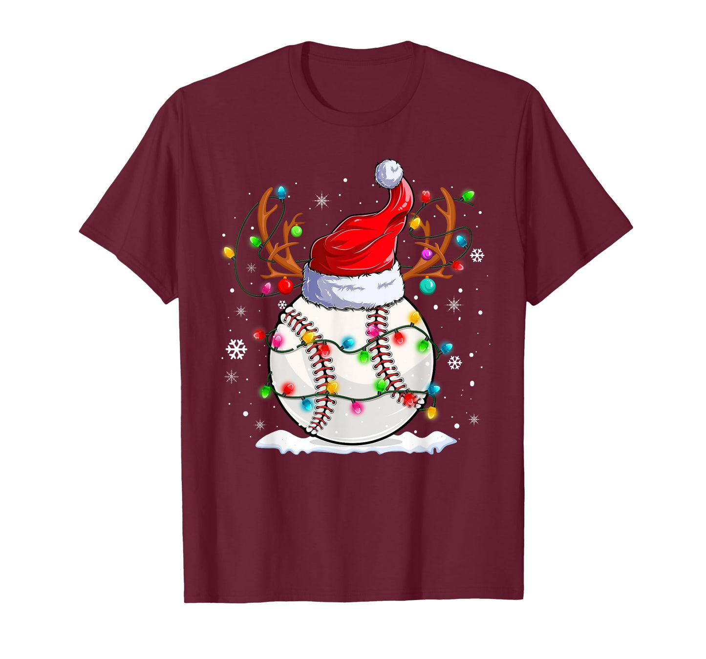 Baseball Santa Hat Reindeer Christmas Lights Funny Xmas T-Shirt
