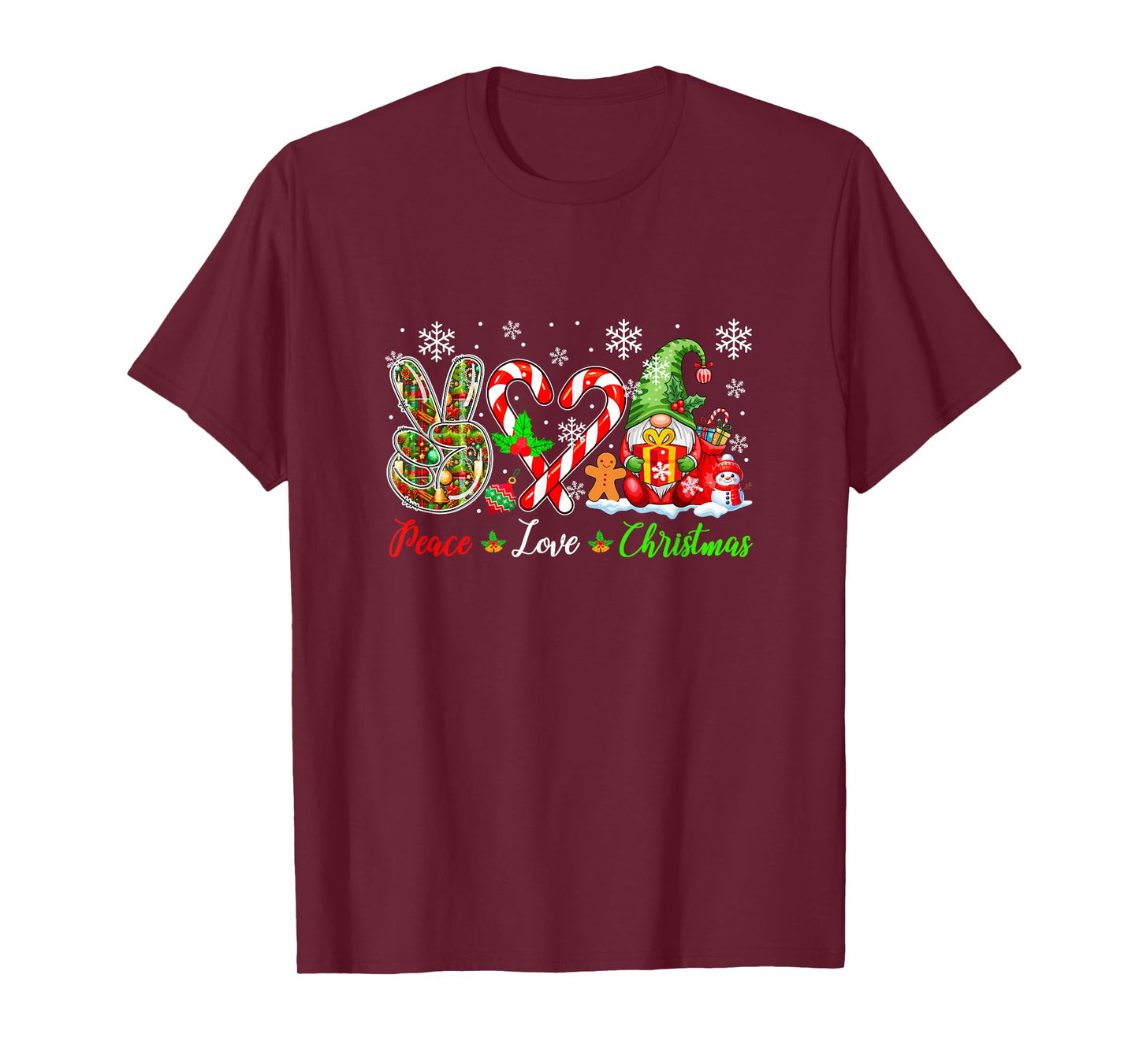Peace Love Christmas Gnome Candy Canes Cute Heart Shape T-Shirt