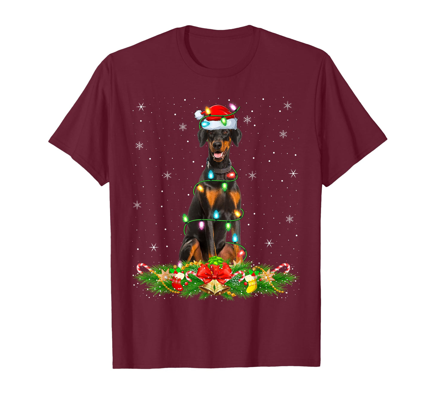 Dobermann Dog Christmas Lights Funny Santa Hat Xmas T-Shirt
