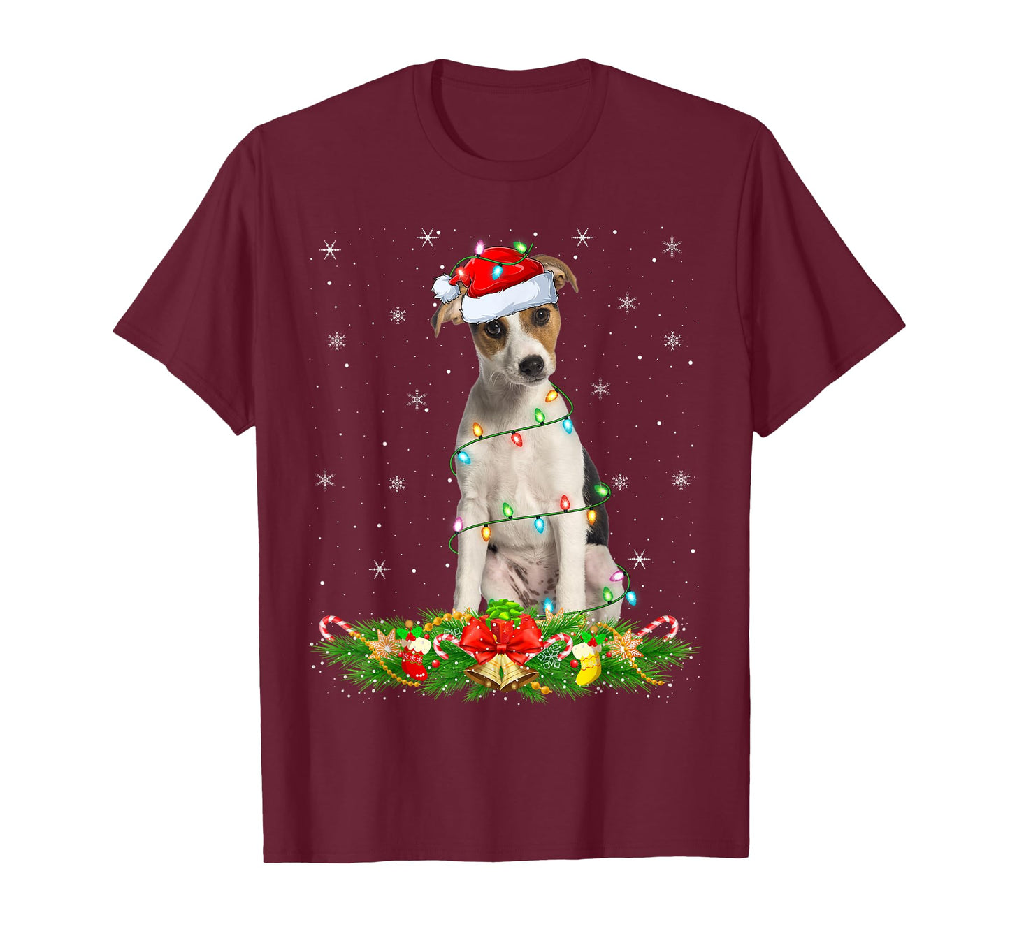 Fox Terrier Dog Christmas Lights Funny Santa Hat Xmas T-Shirt