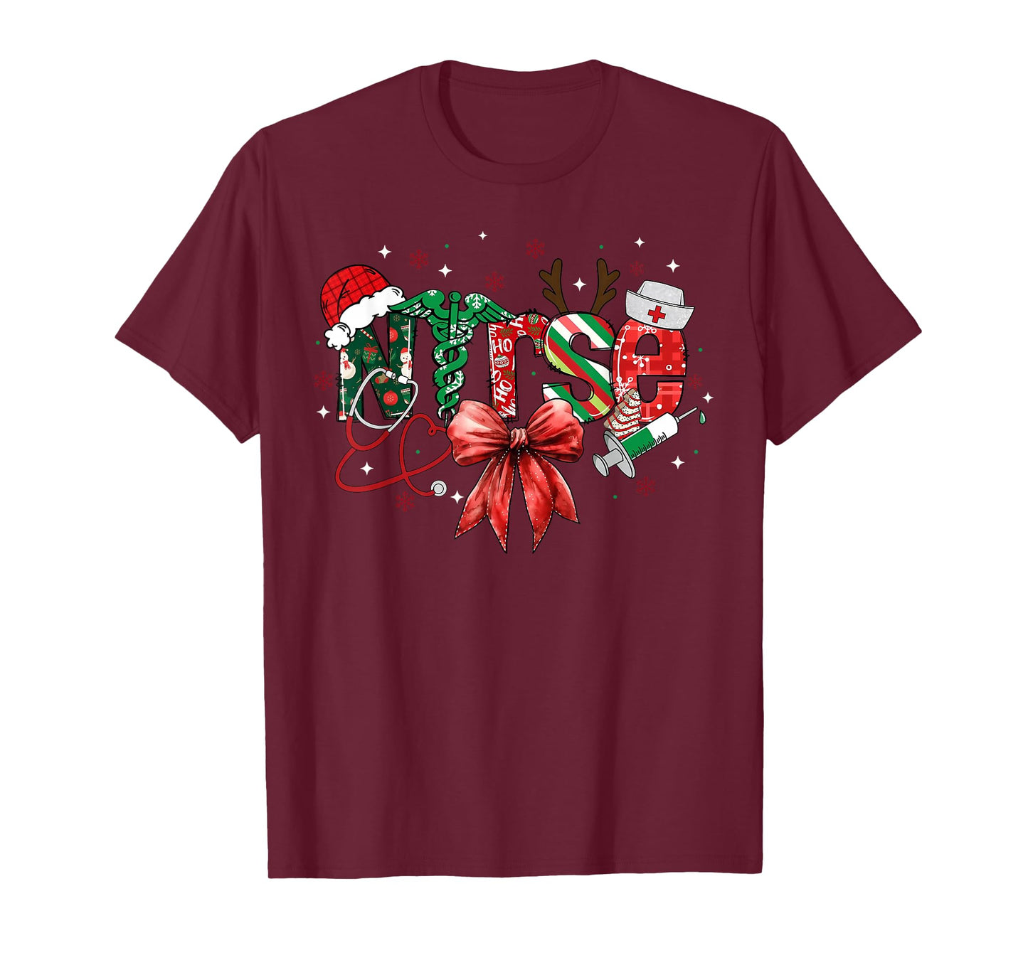 Stethoscope Nurse Coquette Bow Merry Christmas Xmas Holiday T-Shirt