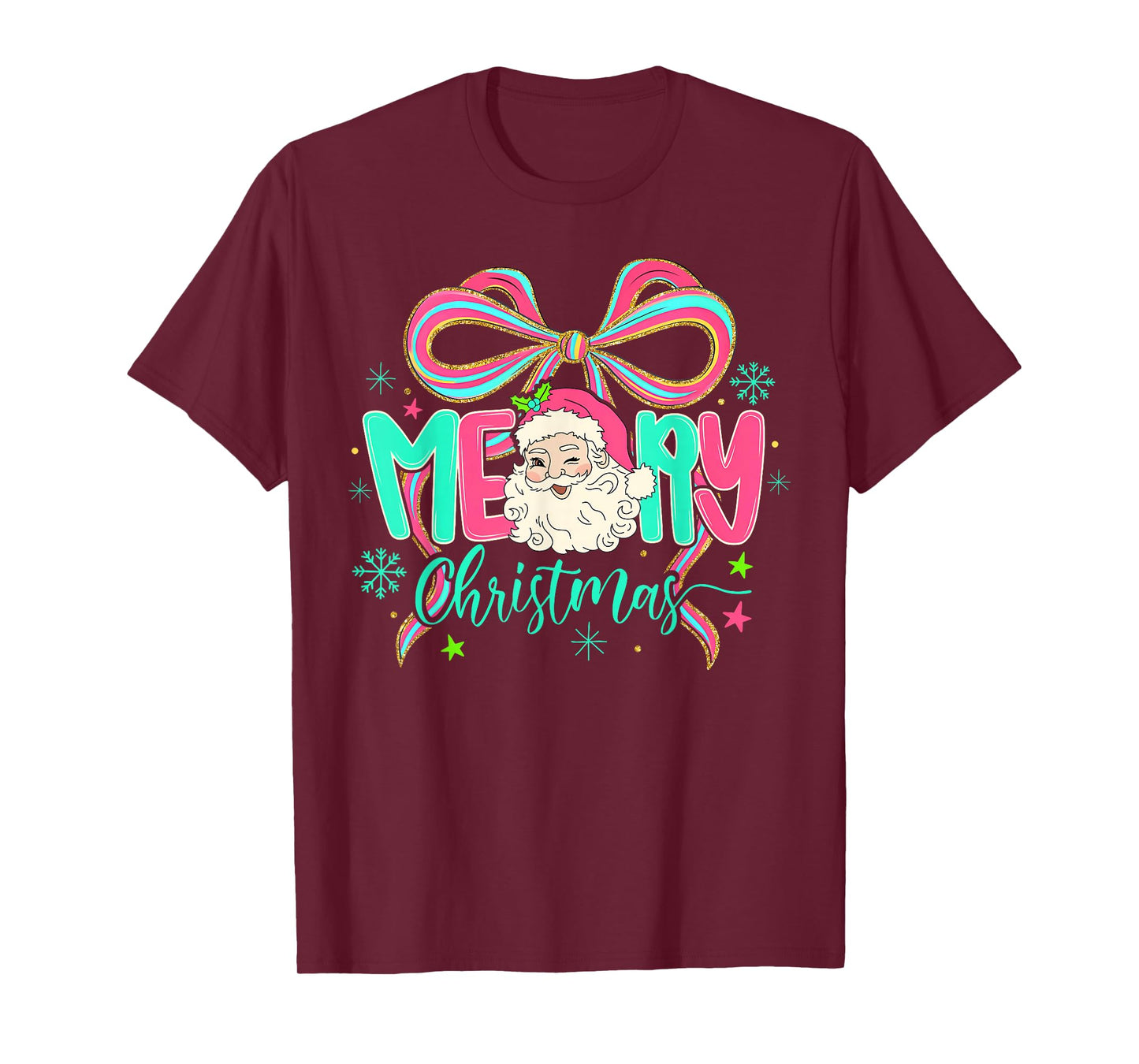 Coquette Bow Merry Christmas Xmas Santa Snowflake Holiday T-Shirt