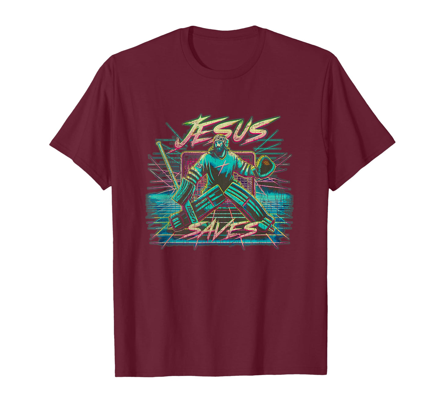Vintage Retro Vaporwave Jesus Saves Ice Hockey Goalie T-Shirt