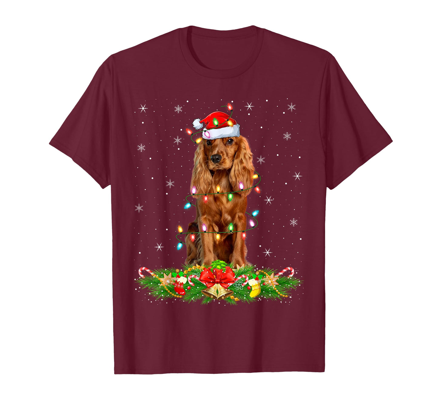 Cocker Spaniel Dog Christmas Lights Funny Santa Hat Xmas T-Shirt