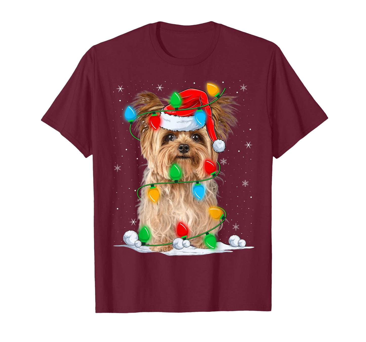 Yorkshire Terrier Dog Christmas Lights Funny Santa Hat Xmas T-Shirt