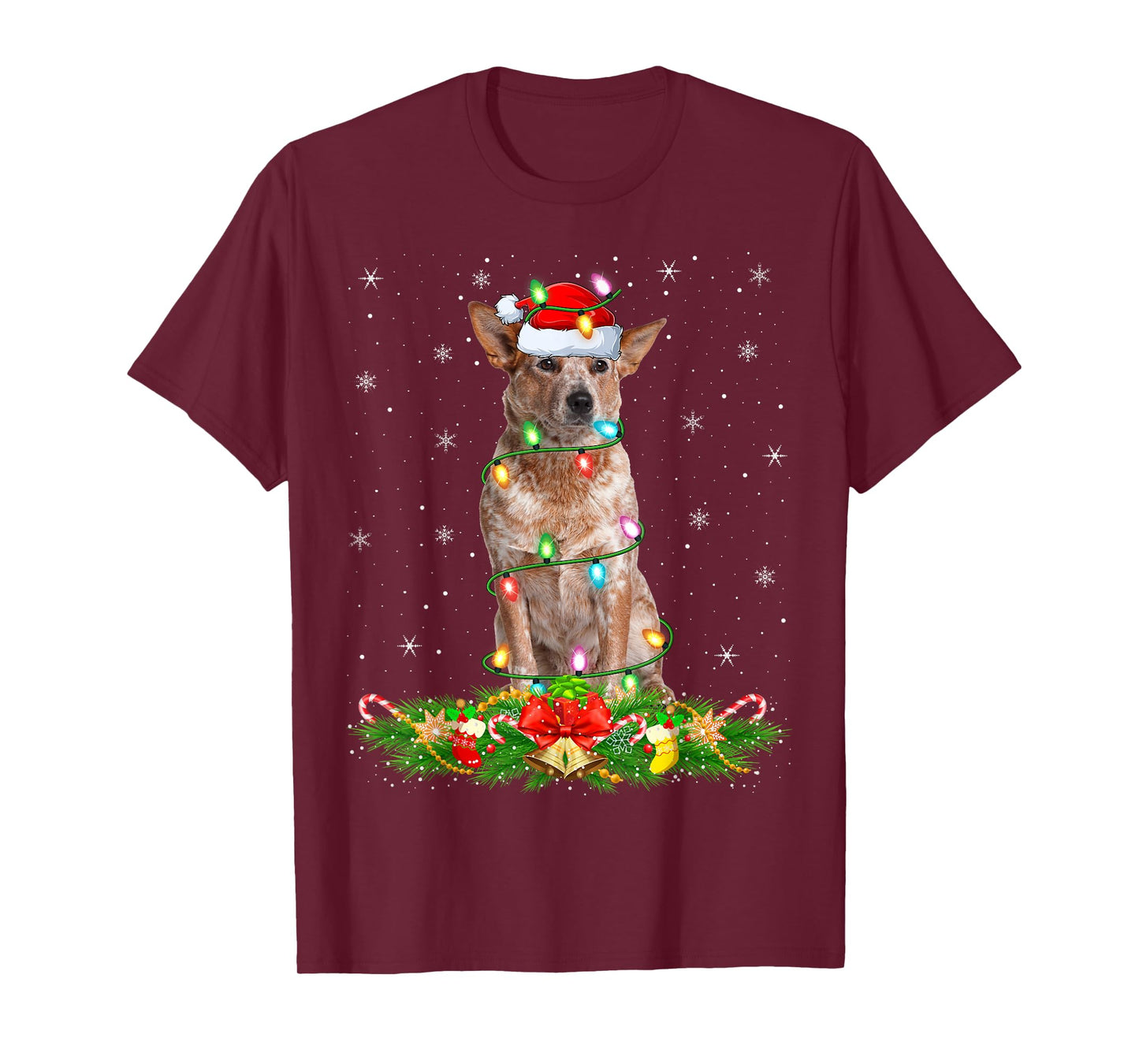 Australian Cattle Dog Christmas Lights Funny Santa Hat Xmas T-Shirt