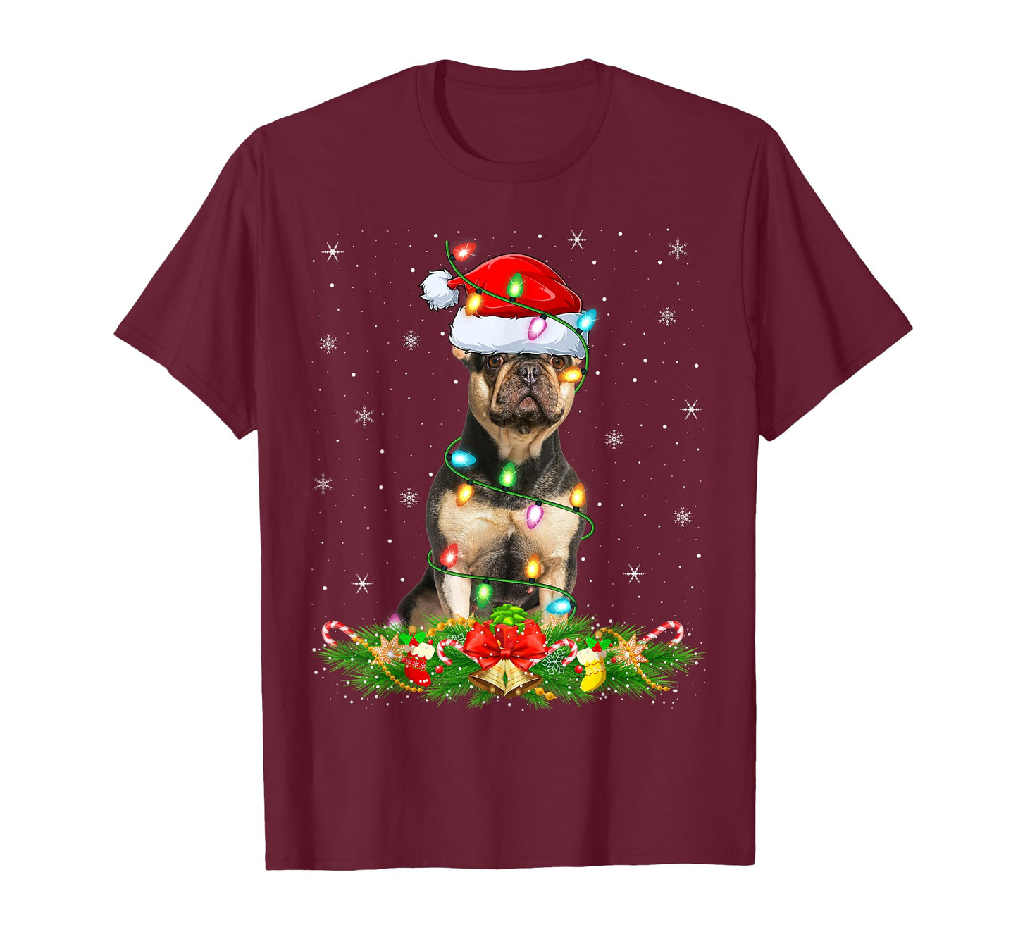 French Bulldog Christmas Lights Funny Santa Hat Xmas T-Shirt