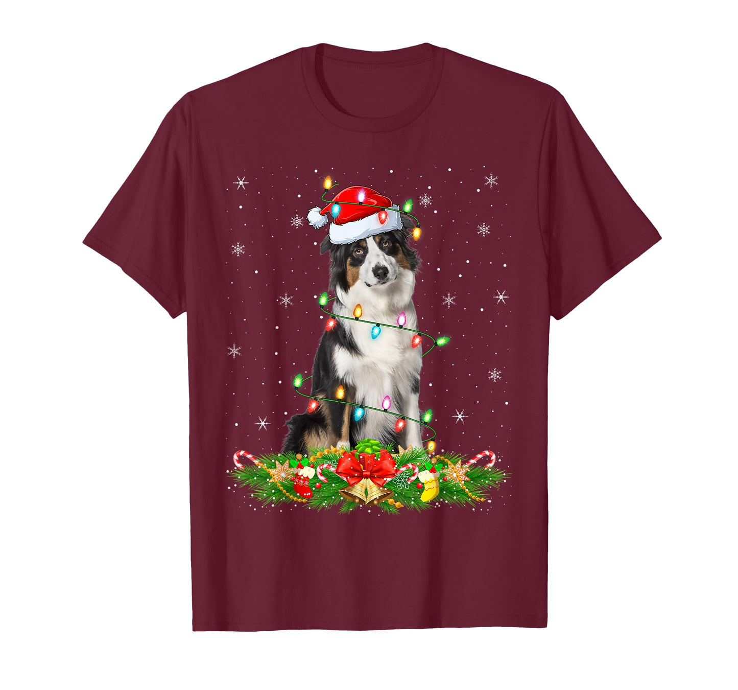Australian Shepherd Dog Christmas Lights Santa Hat Xmas T-Shirt