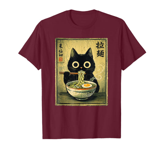 Kawaii Ramen Cat Vintage Japanese Funny Retro Anime Noodle T-Shirt - T-Shirt | Maroon