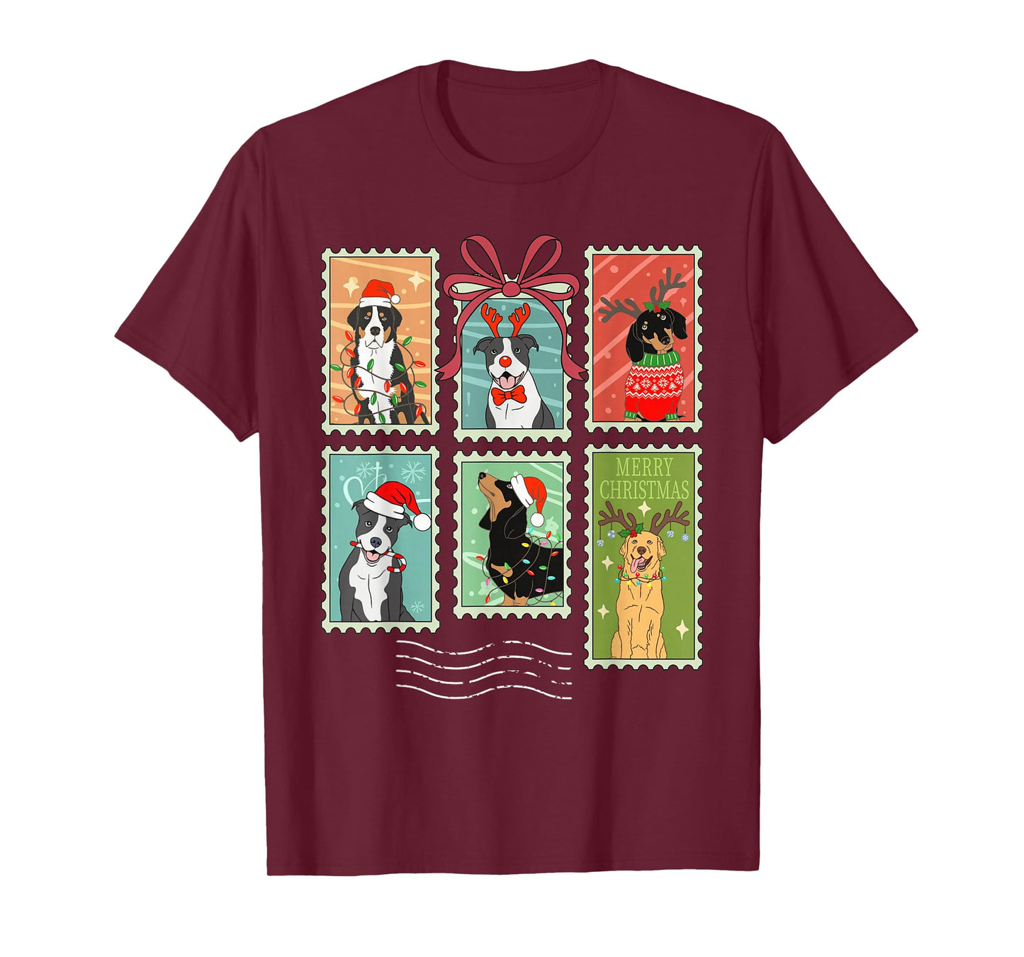 Cute Christmas Dogs Stamp Holiday Santa Hat & Reindeer Dog T-Shirt
