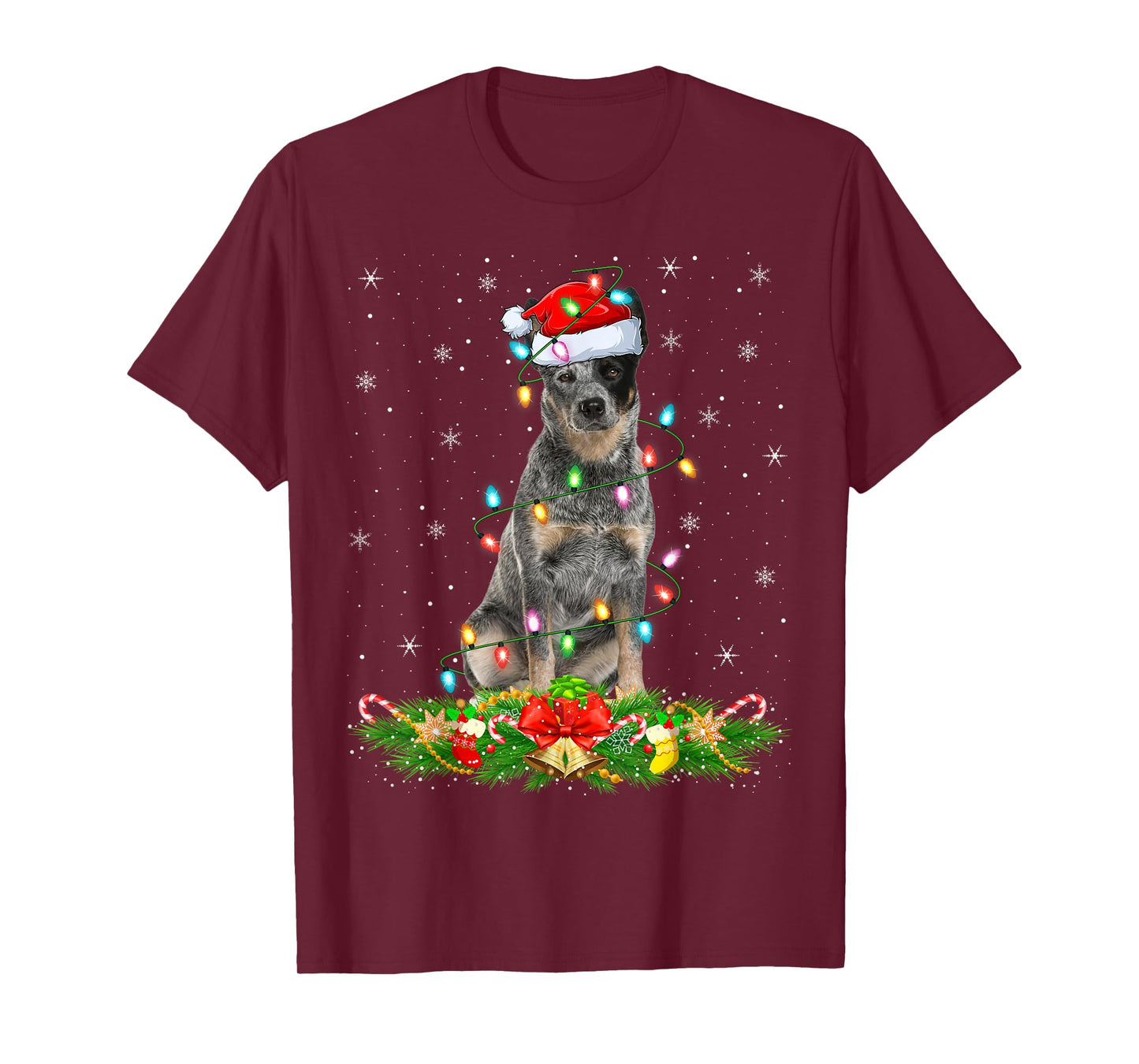 Blue Heeler Dog Christmas Lights Funny Santa Hat Xmas T-Shirt