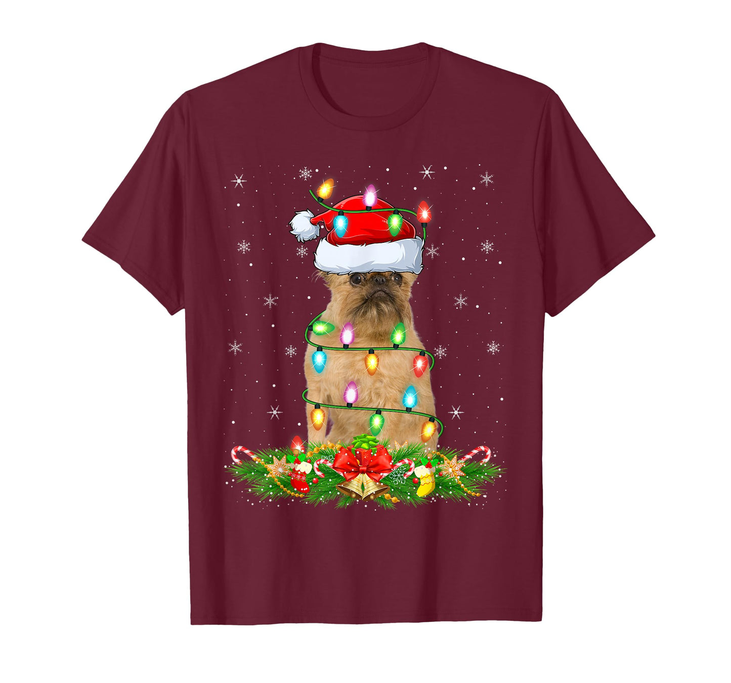 Brussels Griffon Dog Christmas Lights Funny Santa Hat Xmas T-Shirt