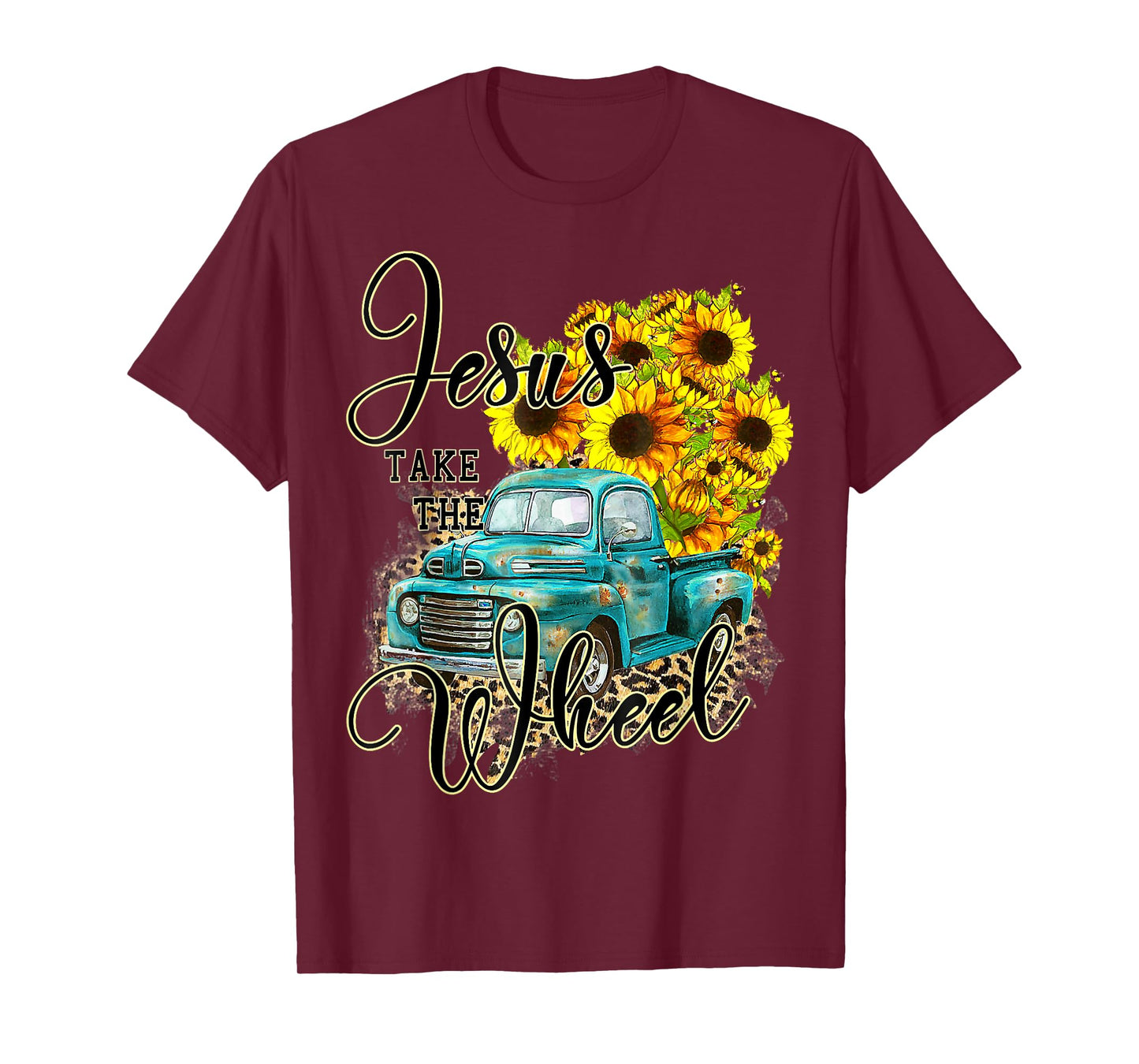 Sunflower Jesus Take The Wheel Christian Gift Leopard Print T-Shirt