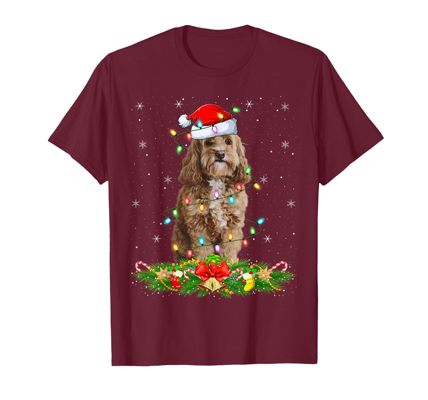 Cockapoo Dog Christmas Lights Funny Santa Hat Xmas T-Shirt