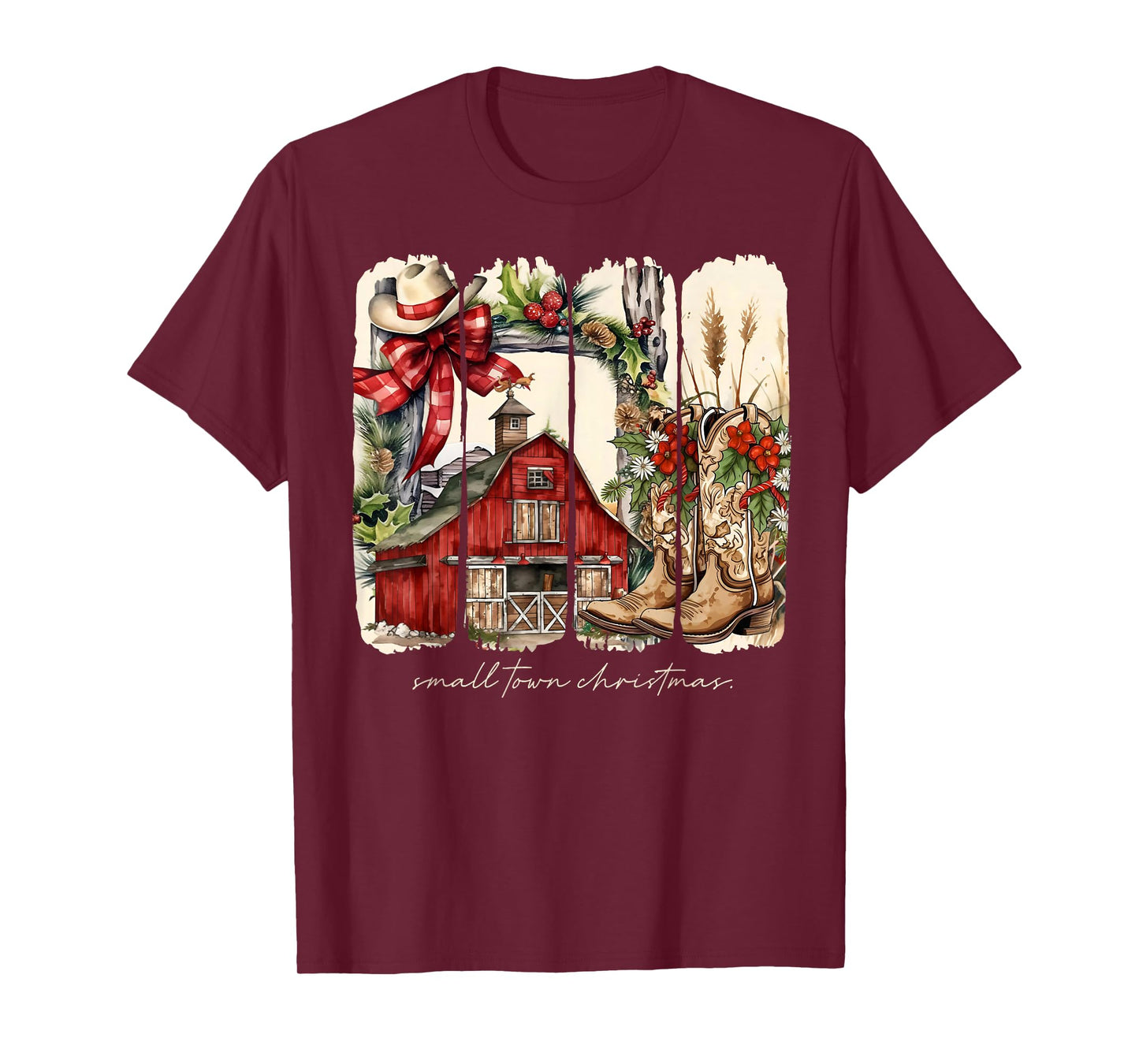Small Town Christmas Western Cowboy Boots Coquette Bow Xmas T-Shirt