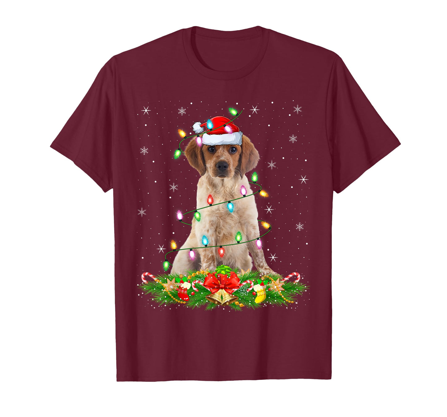 Brittany Spaniel Dog Christmas Lights Funny Santa Hat Xmas T-Shirt
