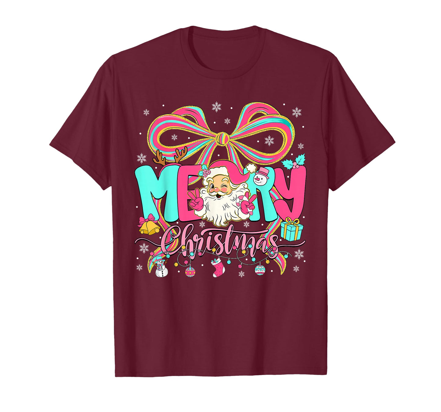 Merry Christmas Coquette Bow Pink Christmas Santa Claus Girl T-Shirt