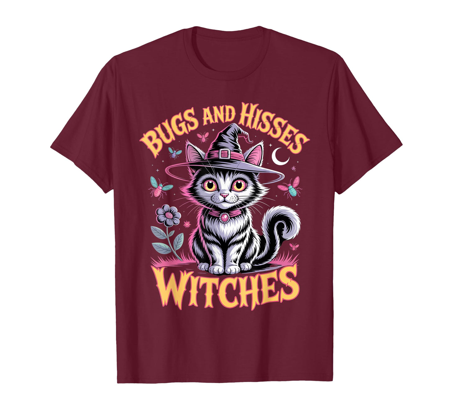 Gothic Cat Magic Flowers Cute Witch Apparel Halloween Tee T-Shirt