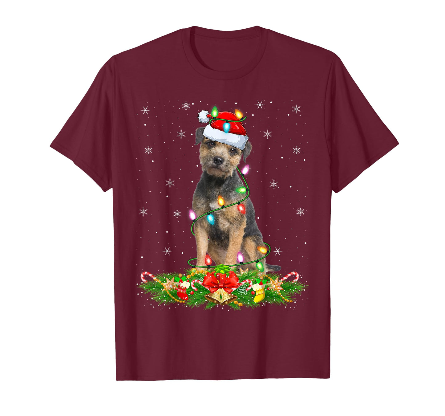 Border Terrier Dog Christmas Lights Funny Santa Hat Xmas T-Shirt