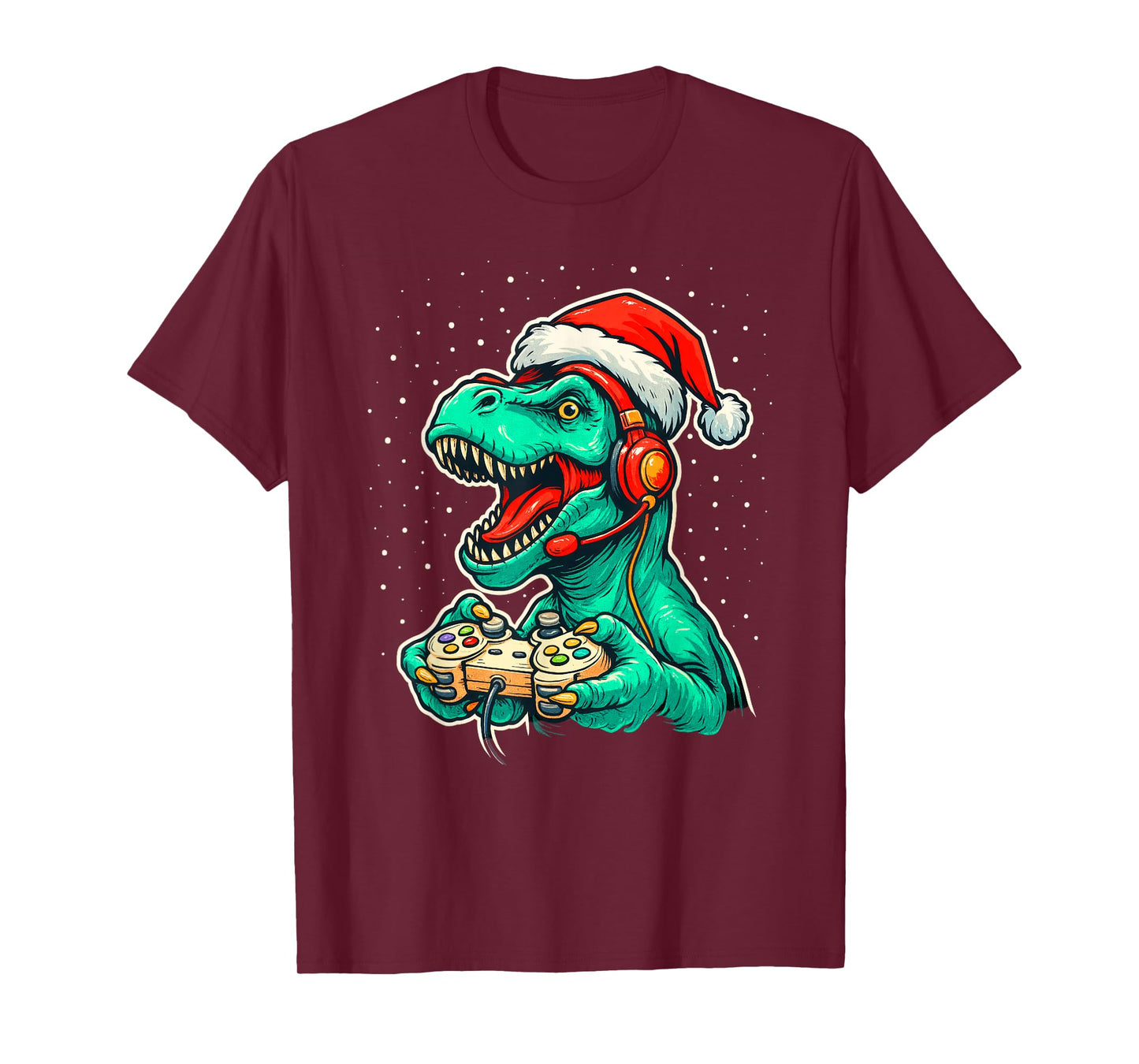 Dinosaur T Rex Playing Video Game Santa Hat Christmas T-Shirt