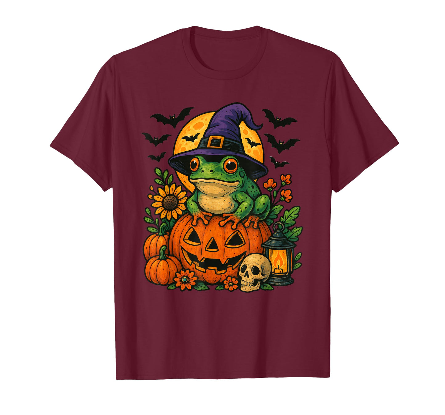 Frog Witch Hat Bats Pumpkin Halloween T-Shirt