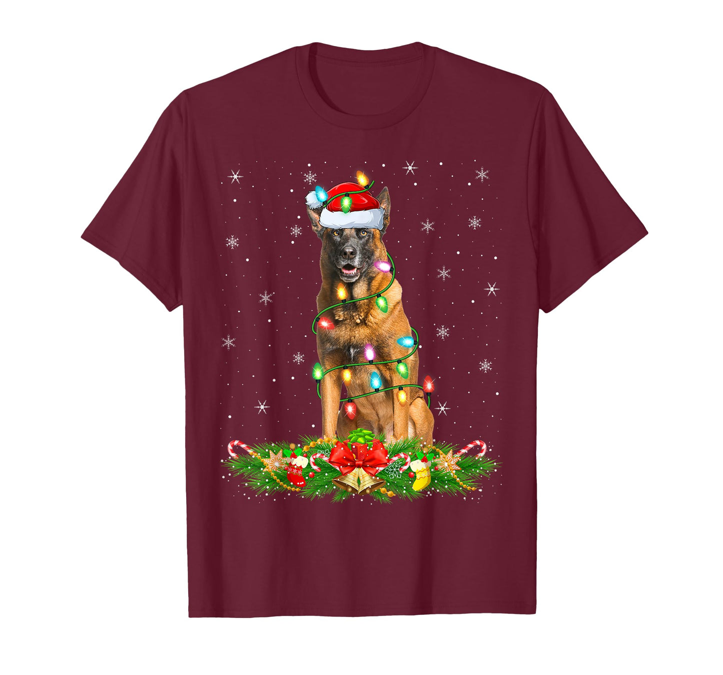 Belgian Malinois Dog Christmas Lights Funny Santa Hat Xmas T-Shirt