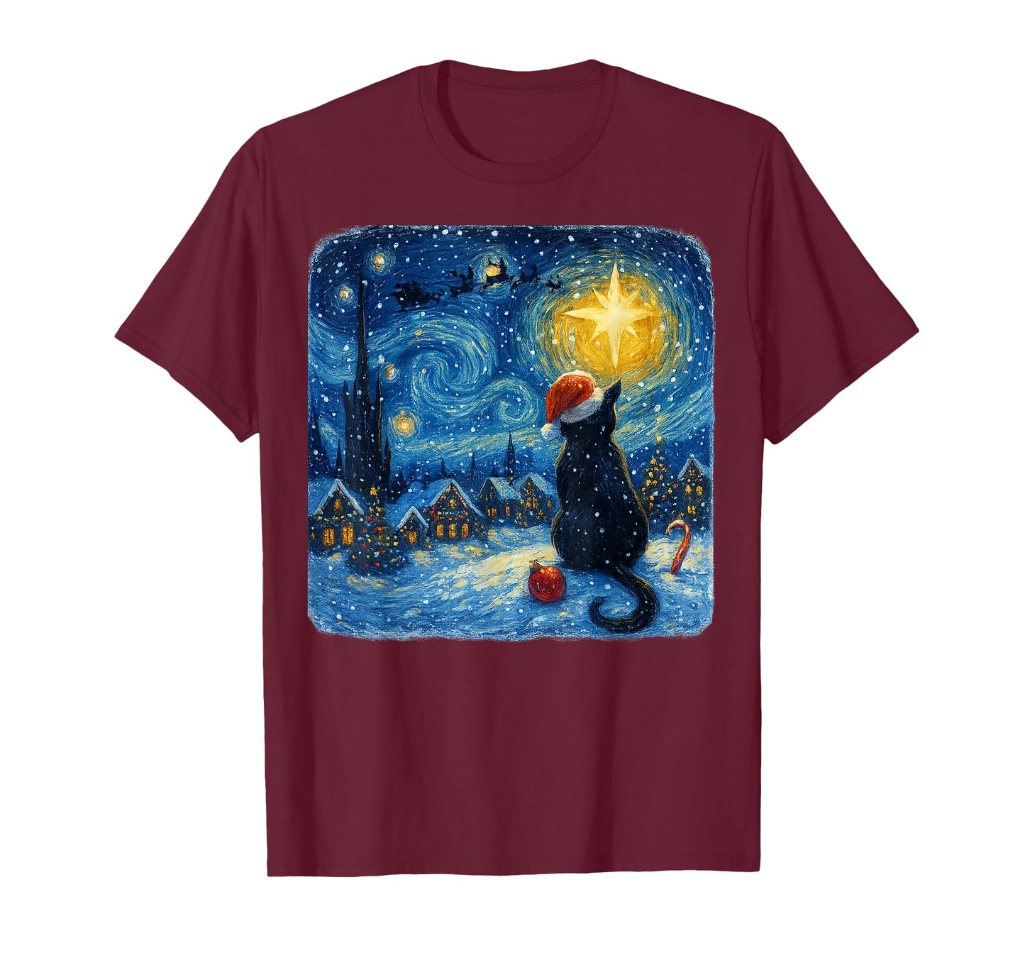 Funny Black Cat Merry Christmas Xmas Van Gogh Pajama Holiday T-Shirt